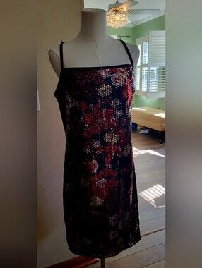 Express Black Slip Dress with Red and Gold Sequin Trim